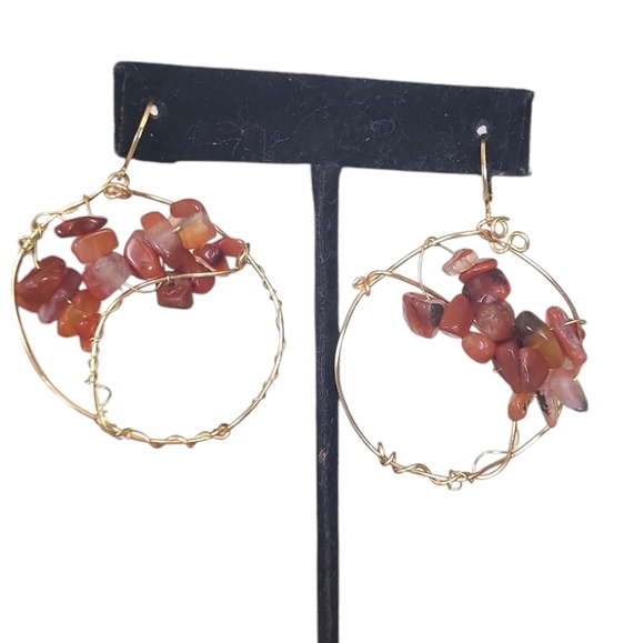 14K Gold Tree Of Life Hoop Huggie Hoop Earring Carnelian - Picture 1 of 4